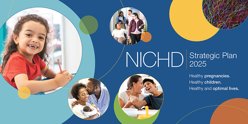 Una imagen muestra la portada del Plan Estratégico 2025 del NICHD. Incluye las frases, en inglés, “embarazos saludables”, “niños saludables” y “vidas óptimas y saludables”. Hay varias fotos en forma de círculo que incluyen a una niña sonriendo mientras dibuja en un cuaderno; un padre besando la frente de una madre que sostiene un bebé; una persona con una discapacidad intelectual y del desarrollo riéndose junto a una mujer; y personal de una oficina caminando, que incluye a una mujer profesional en silla de